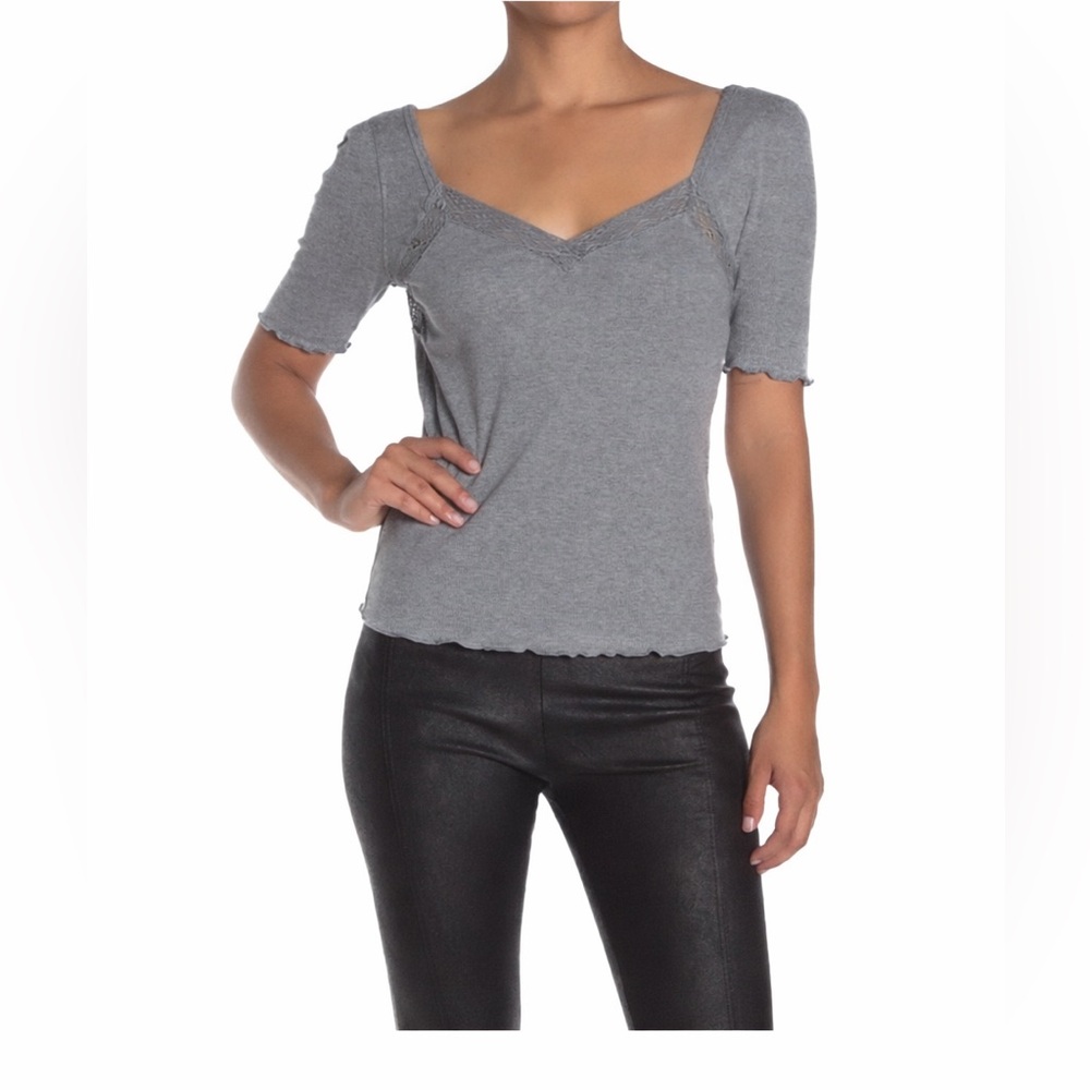 Free People Margaux Top Grey • Lettuce Hem Fitted Tee • Size M